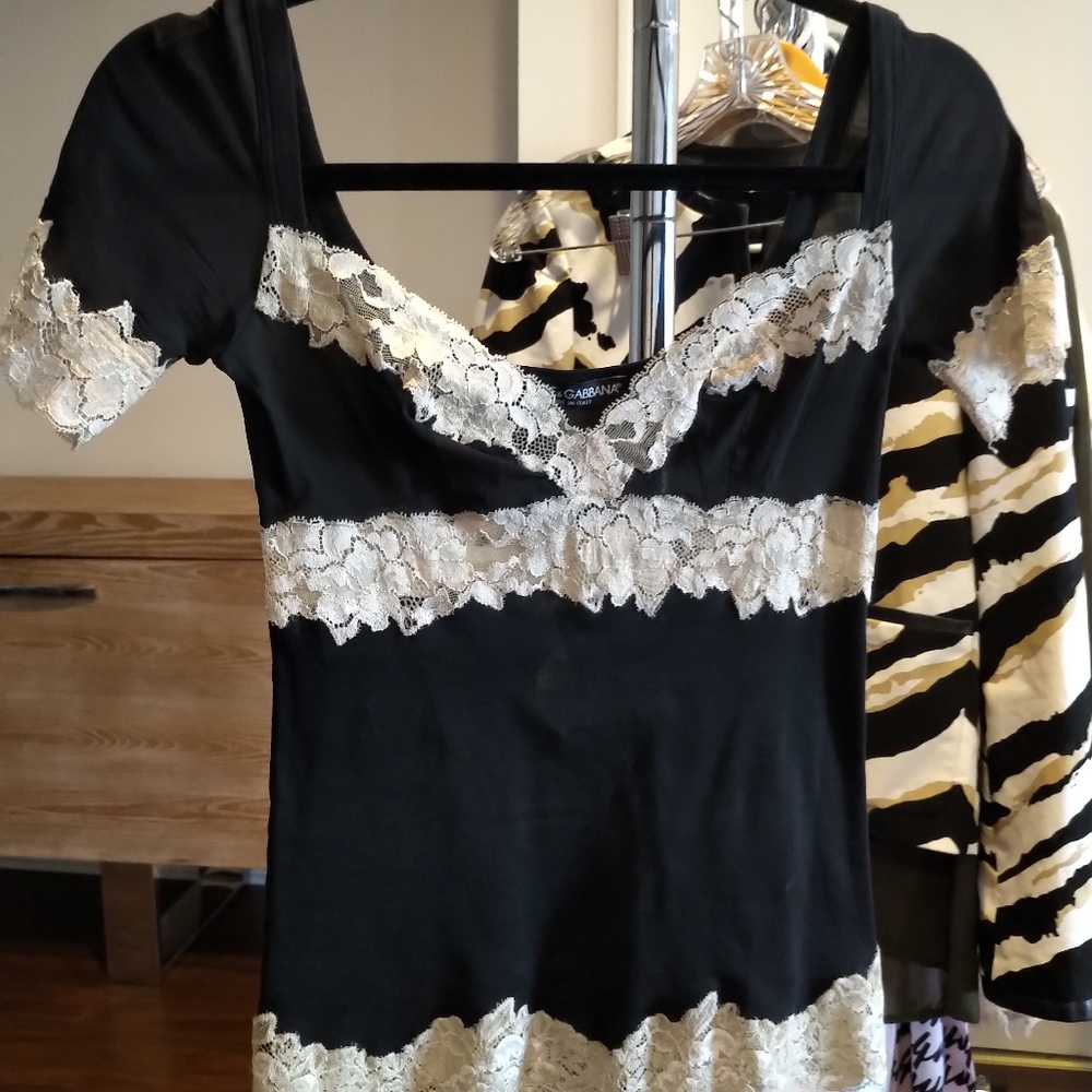 Dolce & Gabbana Womens SM Black and Beige Lace Top